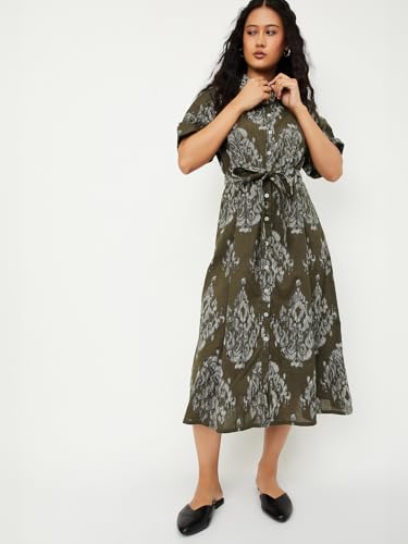Max Women's Cotton A-Line Below The Knee Dress (EC58005_Olive