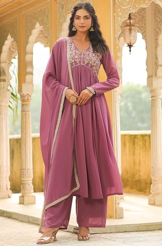 Janasya Lavender Yoke Embroidery Kurta with Palazzo & Dupatta For Women Georgette Fabric Latest Fashion