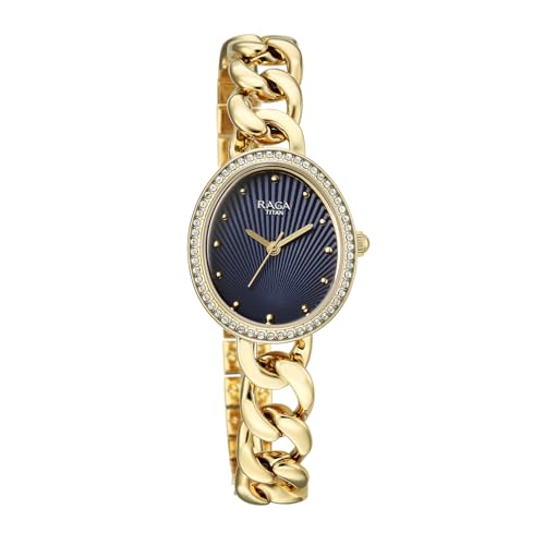 Titan Raga Spotlight with Quartz Analog Blue Dial Gold Brass Strap Watch for Women - 95429YM01