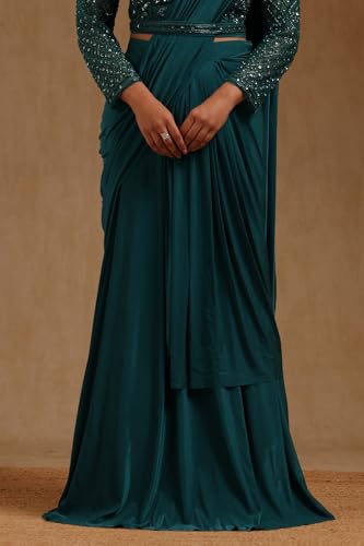 Soch Womens Teal Green Spandex Solid Ready To Wear Saree