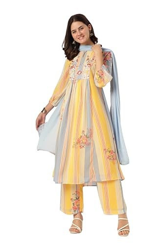 Janasya Multicolour Georgette Kurta with Pant & Dupatta for Women Embroidered Print Ethnic Wear