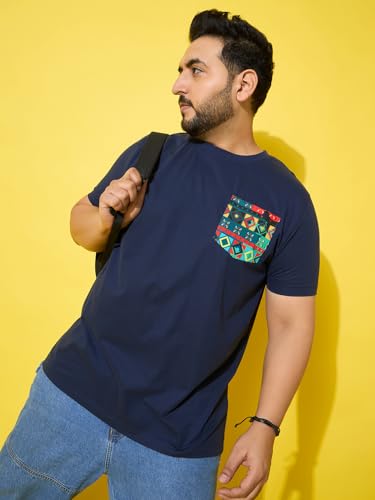 Bigbanana Men Plus Size Printed Navy Round Neck Tshirt (Pouch,Navy,3XL)