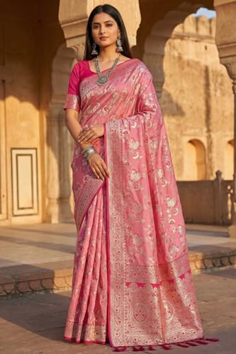 SGF11 Women's Kanjivaram Soft Silk Saree With Unstiched Blouse Piece (Pink)