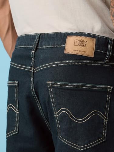 The Souled Store Baggy Fit Denim: Inkstone Men and Boys Zip Fly Charcoal Blue Solid Cotton Denim Contrast Stitching Comfortable Everyday Streetwear Straight Fit Jeans