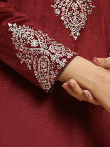 W for Woman Maroon Embroidered Flared Velvet Kurta (Size: 2XL)-24NOW10358-220780