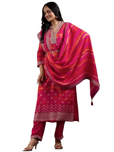 Libas Womens Printed Silk Blend Straight Kurta With Trousers and Dupatta
