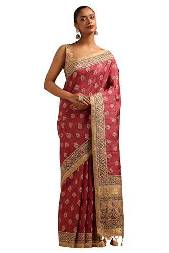 Soch Womens Onion Pink Tussar Botanical Saree With French Knot Details