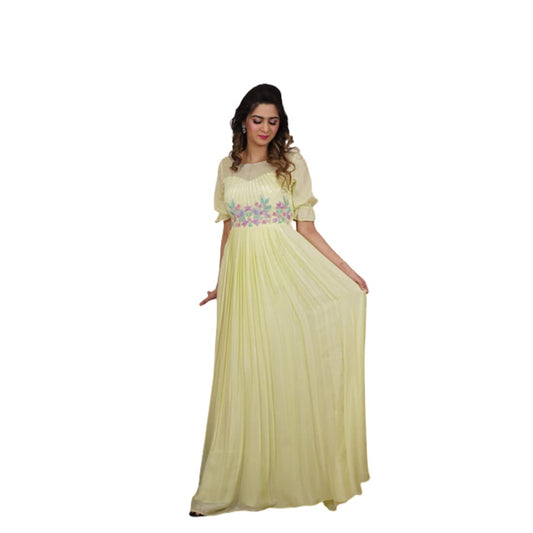 Avy's Label Chiffon Long Frock Lemon Yellow Maggam Work (Lemon Yellow, 36)