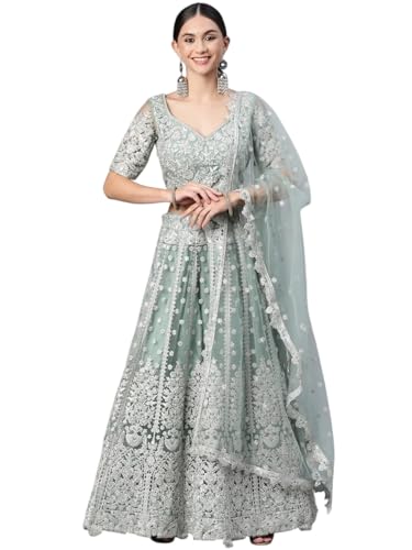 Zeel Clothing Women's Zari Sequins Embroidered Work Soft Net Lehenga Choli With Dupatta (6013-Pista-Women-Lehenga-Choli; Free size) (Pista)