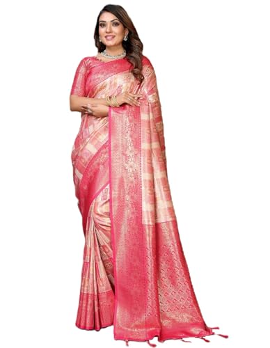 Panzora Women's Peach Banarasi Silk Saree With Unstitched Blouse Piece