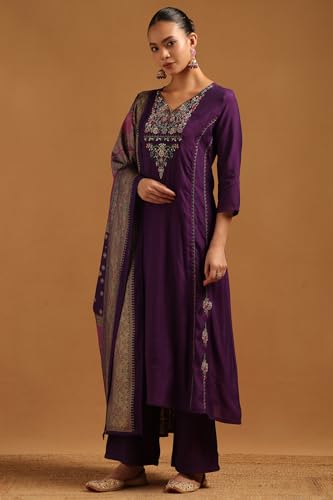 Soch Womens Purple Muslin Embroidered Salwar Suit With Sequins