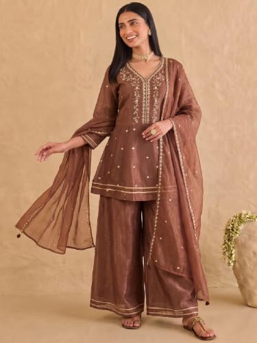 Varanga embroidered brown kurta set with palazzo and dupatta.