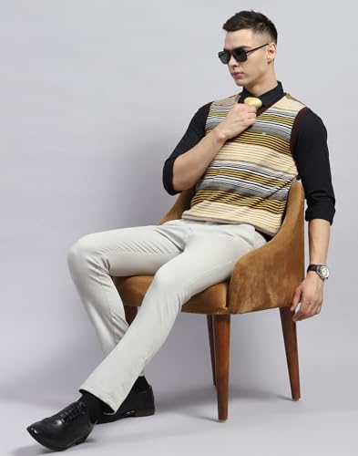 Monte Carlo Mens Yellow & Brown Striped V Neck Sleeveless Sweater (1239371SL-2-42)