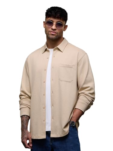 The Souled Store Textured Shirt: Dune Men and Boys Long Sleeve Spread Collar Beige Casual Easy to Style Everyday Office Wear Cotton Solid Relaxed Shirt