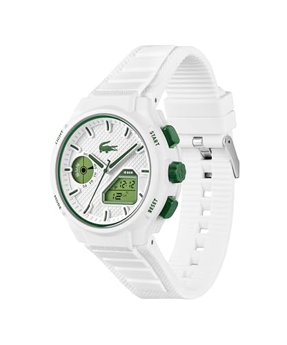 Lacoste LC33 Men's Analog and Digital Movement Watch, Silicone Strap, Water Resistant Up to 10ATM/100 Meters - Contemporary, Sporty - Premium Fashion Timepiece - Gift for Him - 43.75mm, White