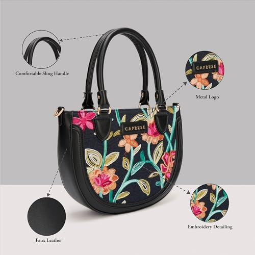 Caprese Elsa Medium Satchel Bag for Women with Adjustable & Detachable Strap | Elegant Embroidery Faux Leather Handbag | Multi-Compartment Crossbody Shoulder Bag for Special Occasions (Black)