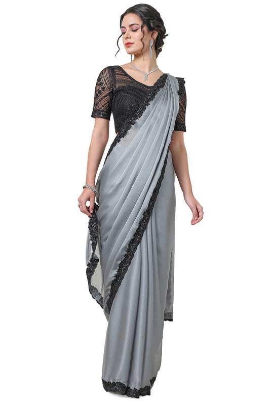 Soch Womens Grey Crepe Saree with Lace Border
