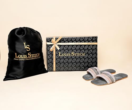 LOUIS STITCH Women’s Fashion Flat Slip-On Sandals | Open Toe Grey Glitter Strap Flat Slipper for Ladies, Comfortable Slipper | LSOF-LDSL-GLFSGY | (UK-5)