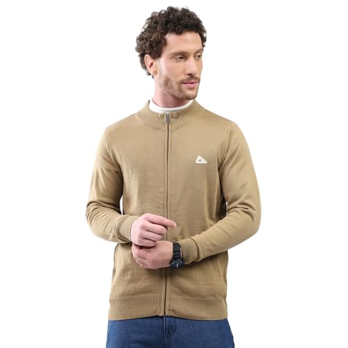 Monte Carlo Men Mock Neck Pullover | Regular Fit Full Sleeve Solid Sweater | Warm Winter Knitwear for Casual & Office Wear Camel L (Pack of 1)