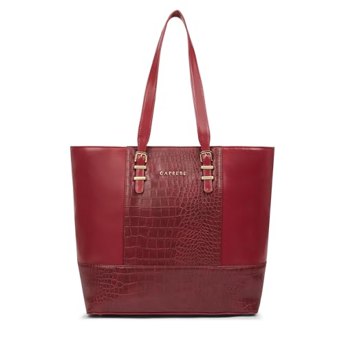 Caprese Macie 16 Inch Large Laptop Compatible Tote Bag for Women | Textured Faux Leather Shoulder Bag with Trolley Sleeve & Zipper Closure | Stylish Office, Work, Travel Handbag (Cherry Lacquer)