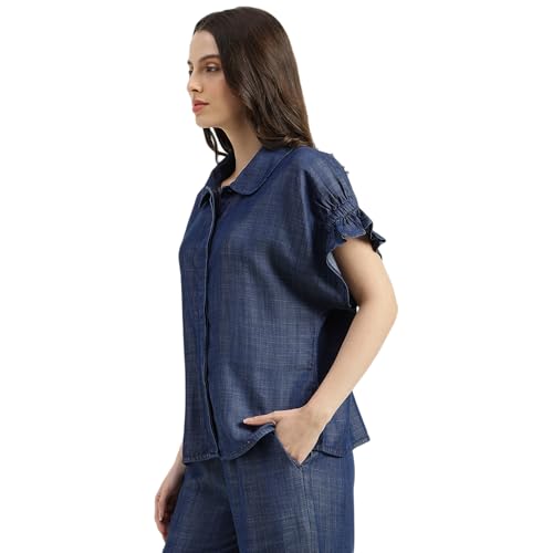 United Colors of Benetton Regular Fit Peter Pan Collar Solid Tencel Top (Size: XL) - 26P5TOPTNC02I902 Blue