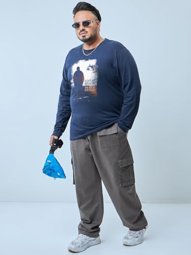 Bewakoof Men's Graphic Print Regular Fit Full Sleeve Round Neck Cotton Plus Size T-Shirt_694247_Blue_3XL