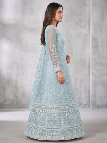 JULEE Women's Net Embroidered Semi-Stitched Gown Cross Gown Firozi-GEM