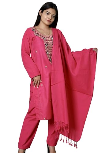 KASANI Embroidered Plus Size Winter Kurta Set for Women Woolen Suit Set Warm Kurti with Pant and Dupatta With Side Pockets (3XL to 5XL)
