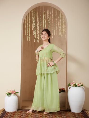 CURLY TALES ALPHA Girl's Light Green Polyester Floral Pattern Short Kurti with Plazzo |Etnic Wear