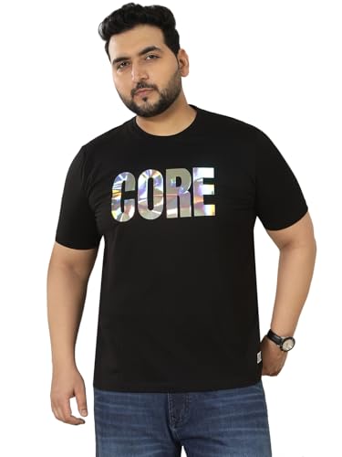 JOHN PRIDE Plus Size Men Regular Fit Printed Short Sleeves Black Round Neck Stretchable T-Shirt (JPTSR32444_6XL_Black)