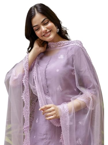 TRENDMALLS Women's Art Silk Embroidery A line Kurta Pant with Dupatta Salwar Suit Set (G278-Purple-XXL-)
