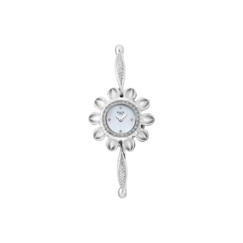 Titan Raga Silver Quartz Analog White Mother of Pearl Dial Sterling Silver Strap Watch for Women - NT9893VM02