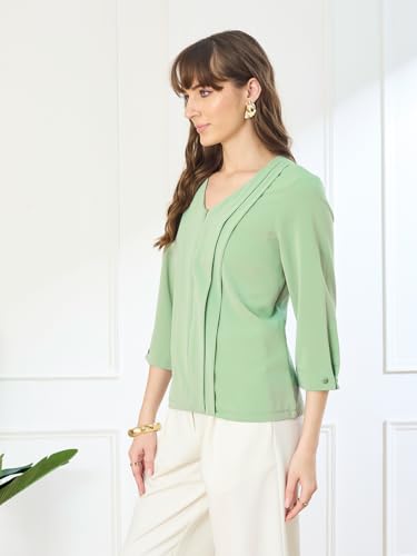 Latin Quarters Women's Green 3/4th Sleeves V-Neck Casual Solid Top_XL