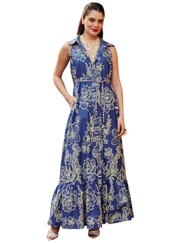 Pink Paprika by Sassafras Women's Blue & Off White Floral Front Button Maxi Dress-M