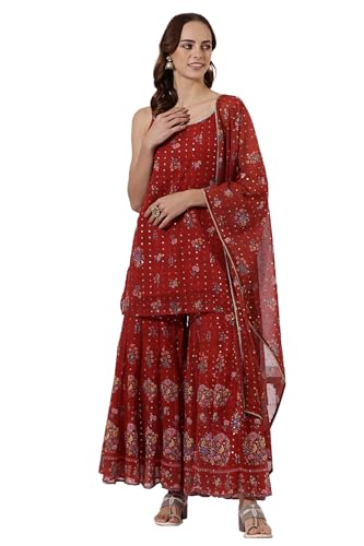 W Red Floral Printed Straight Kurta, Sharara Pant & Dupatta for Women (Size: M)-24AUWS12588-125772