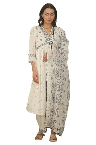 W for Woman White Printed Thread Embroidered Chanderi Kurta, Pants and Kota Dupatta (Size: 2XL)-WS12713-125553