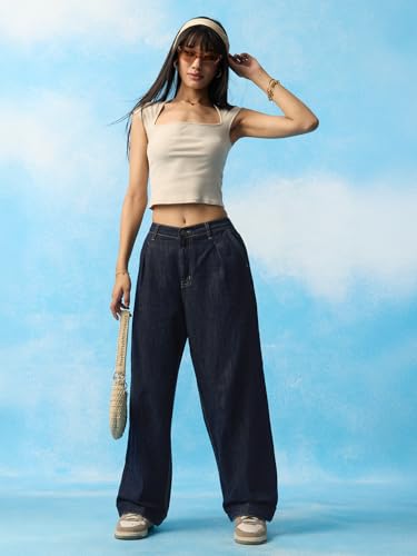 The Souled Store Baggy-Fit Denim: Atlantis Women and Girls Zip Fly Partially Elasticated Back Waistband Ink Blue Washed Cotton Denim Baggy Fit Front Pleat Detailing All-Season Jeans