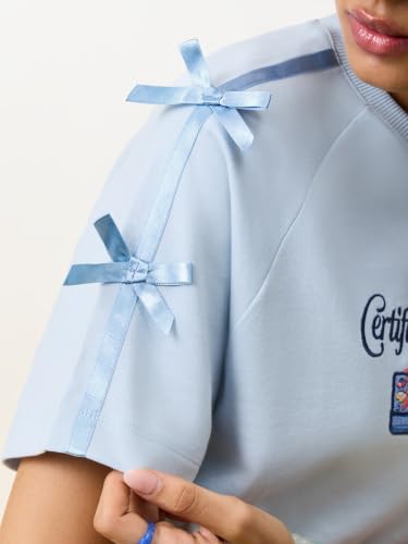 The Souled Store Gentlewomen Women and Girls Short Sleeve Round Neck Light Blue Embroidered Cotton Oversized Breathable Ribbon Tie T-Shirts
