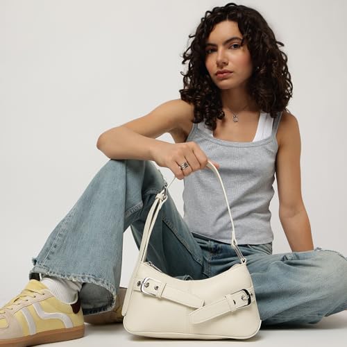 Fastrack Buckle Up Off White Shoulder Bag | Faux Leather bag with Buckle Detail | Adjustable Strap Shoulder Bag with Zipper Closure & Organised Interior
