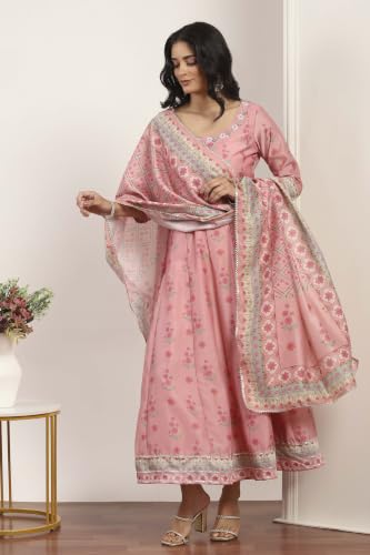 Rangriti Viscose Polyester Printed Kalidar Festive Dress with Dupatta Pink