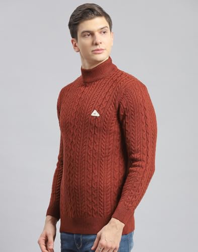 Monte Carlo Leather Brown Self Design T Neck Pullover | Warm Woolen Pullover for Men | Soft Comfortable Knitted Winter Wear Sweater for Men's