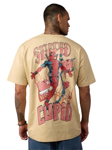 The Souled Store Deadpool: Cupid Men and Boys Short Sleeves Round Neck Beige Graphic Printed Casual Lightweight Drop Shoulder Streetwear Trendy Oversized T-Shirt
