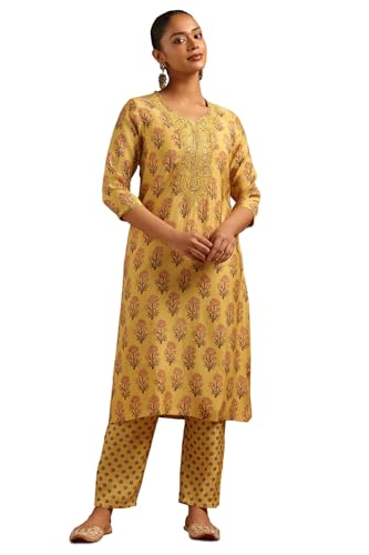 Soch Womens Yellow Muslin Botanical Embroidered Kurta Set