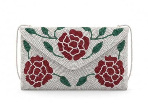 OLL OO LA LA BEAUTY Floral Envelope Clutch Bag for Women | Luxury Wedding Bridal Party Purse | Ethnic Red & White Embroidered Evening Handbag with Chain