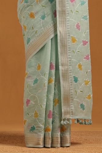 Soch Womens Powder Blue Linen Botanical Saree With Sequins