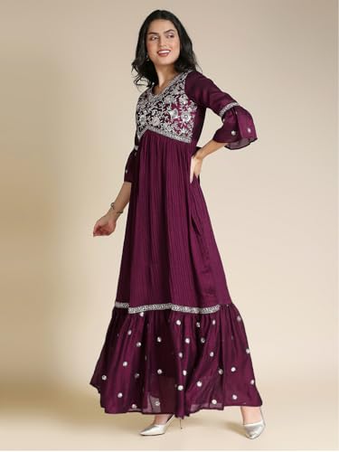 Madhuram Women's Vichitra Silk Crus Traditional Ethnic Long Gown with Sequence Embroidery Work Long Kurta(M-2445) (in, Alpha, XL, Regular, Maroon)