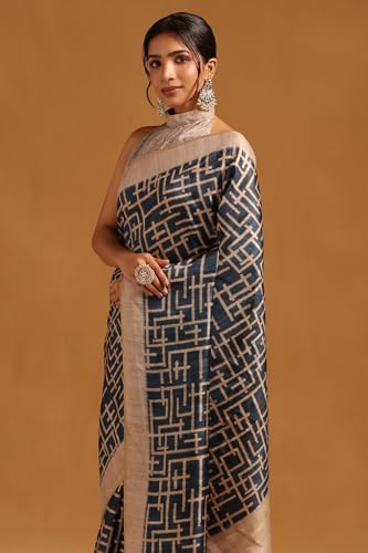 Soch Womens Blue Tussar Geometric Printed Saree