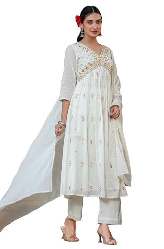Janasya Women's Off White Pure Cotton Embroidered A-line Kurta Set (JAA25ST02097-S)