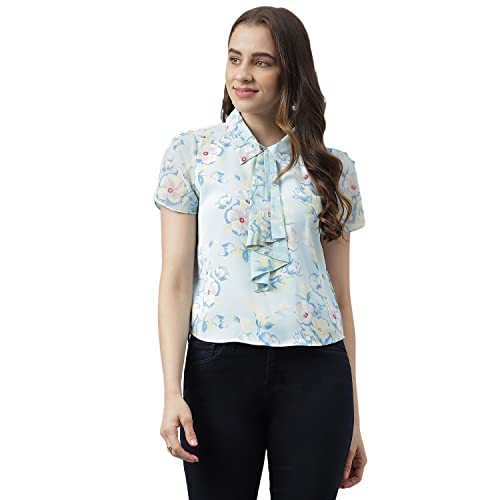 Latin Quarters Women Blue Floral Printed Cap Sleeves Shirt Top with Tie Up Neck