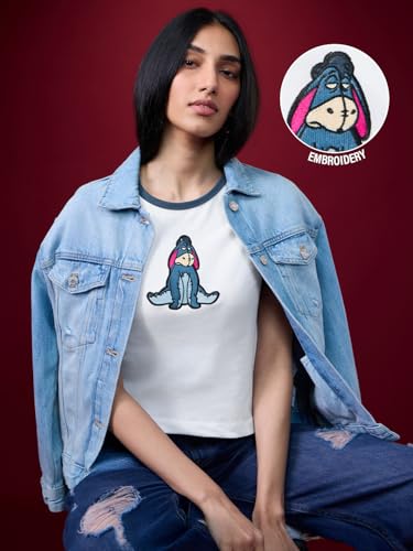 The Souled Store Winnie The Pooh: Eeyore Women and Girls Short Sleeves Round Neck White Embroidered Cotton Regular Fit Lightweight Everyday Streetwear Crop T-Shirt